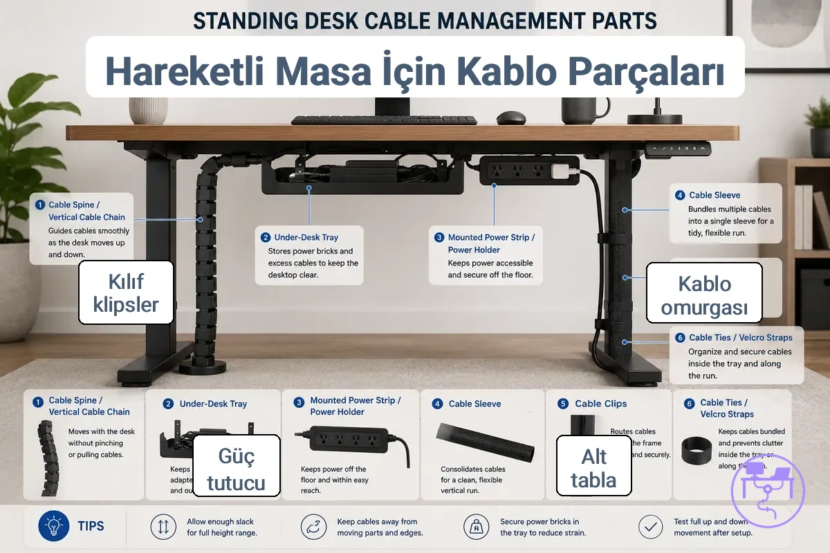 ayarlanabilir masa kablo yönetim parçaları kablo omurgası tepsi kılıf ve klipsler dahil