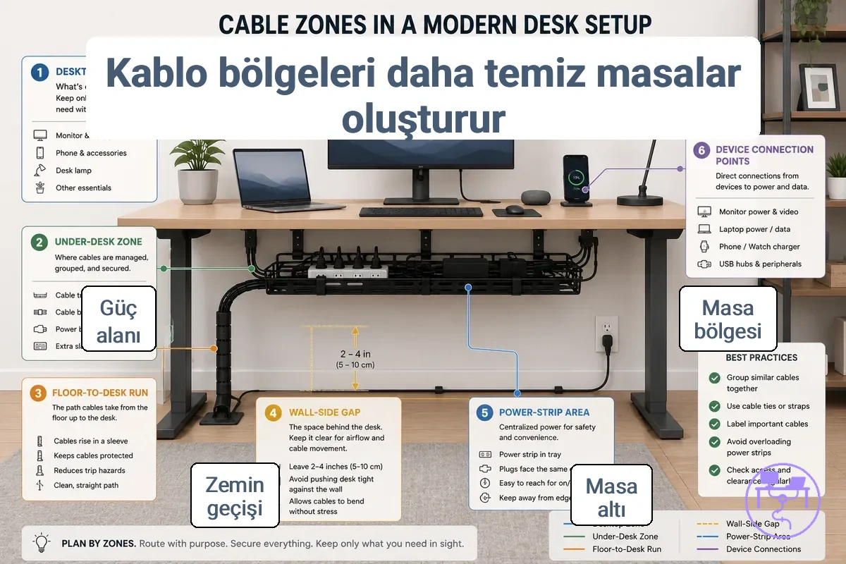Masa düzeninde yüzey, alt kısım ve bağlantı alanlarını içeren kablo bölgeleri