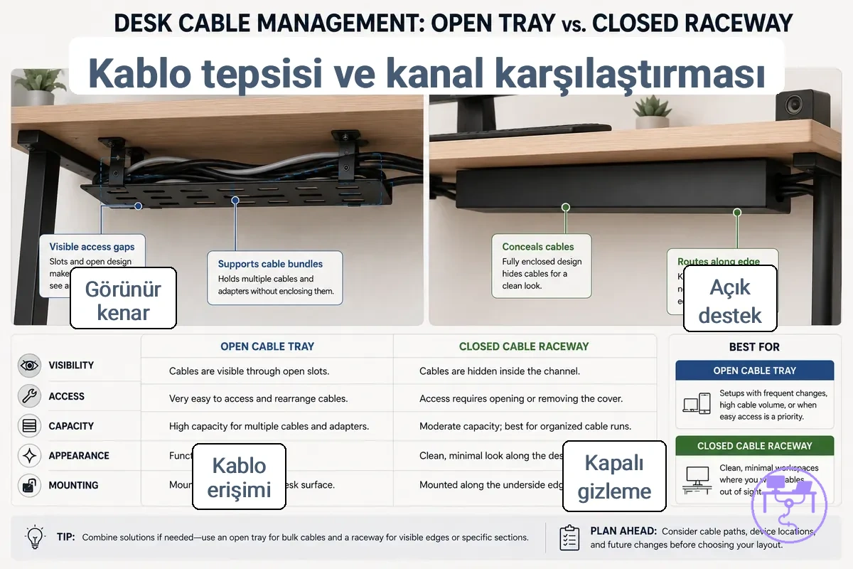 Kablo tepsisi ve kablo yolu açık destek ve kapalı gizleme, etiketli masa kablo düzenleyici detaylarıyla gösterilmiştir