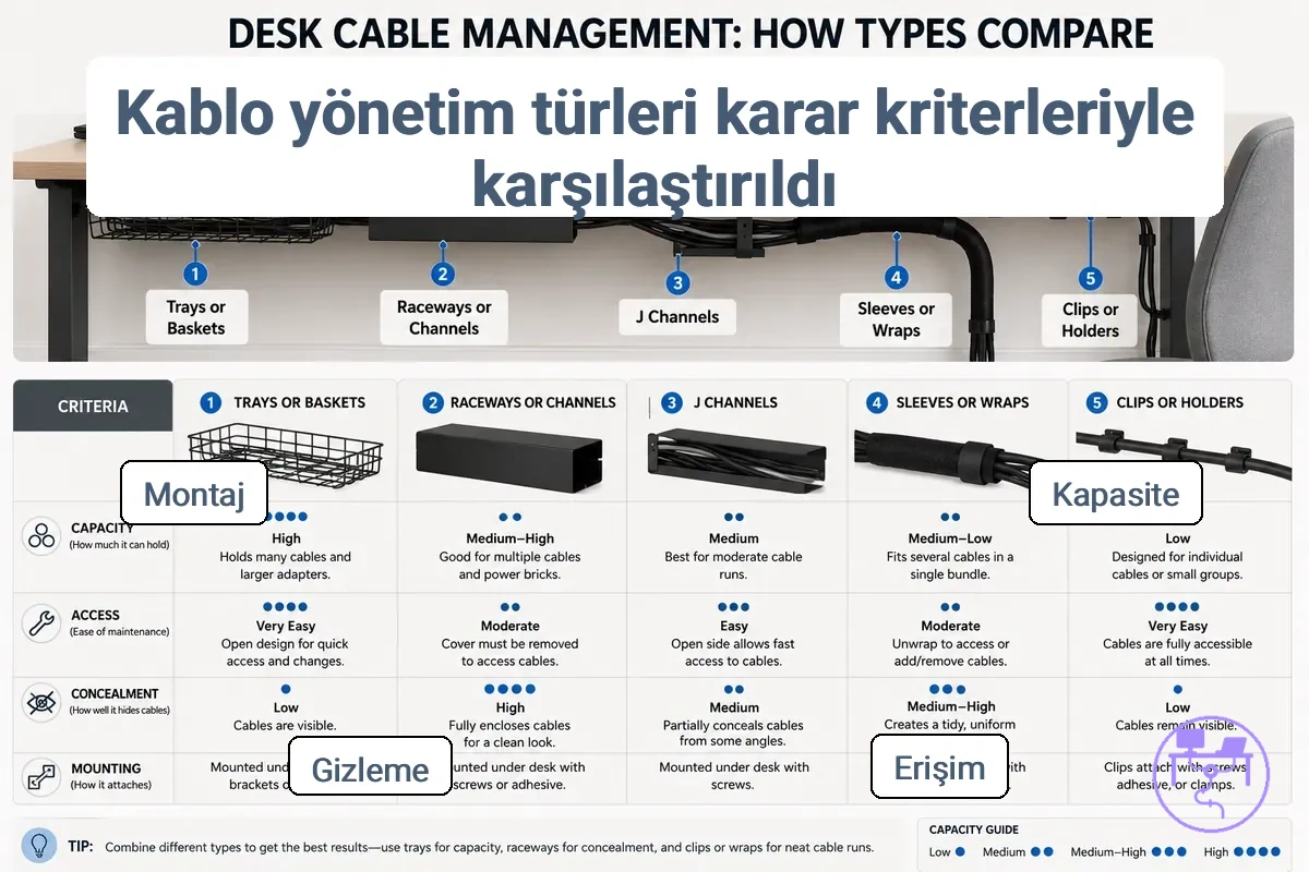 Kablo yönetim türlerinin kapasite, erişim, gizleme ve montaj açısından karşılaştırması