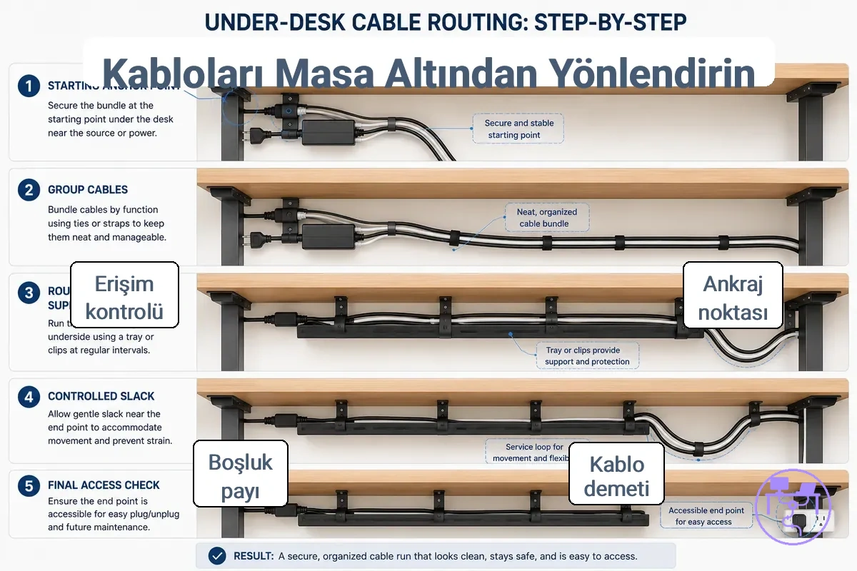 Bağlantı noktası, destekli kablo demeti ve gevşeklik payını gösteren adım adım masa altı kablo rotası