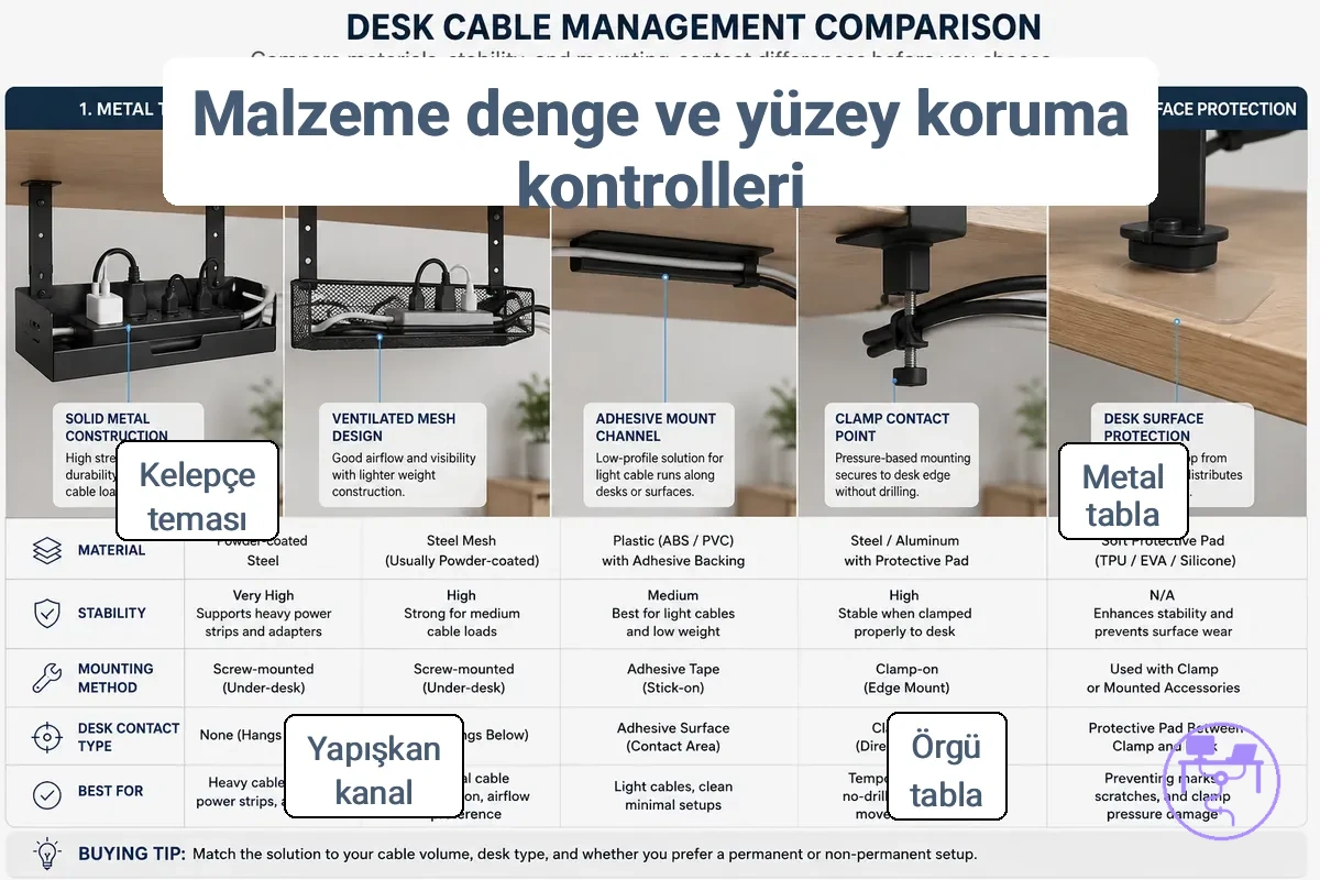 Masa kablo yönetimi malzemeleri ile stabilite ve yüzey koruması için montaj temas noktalarının karşılaştırması.