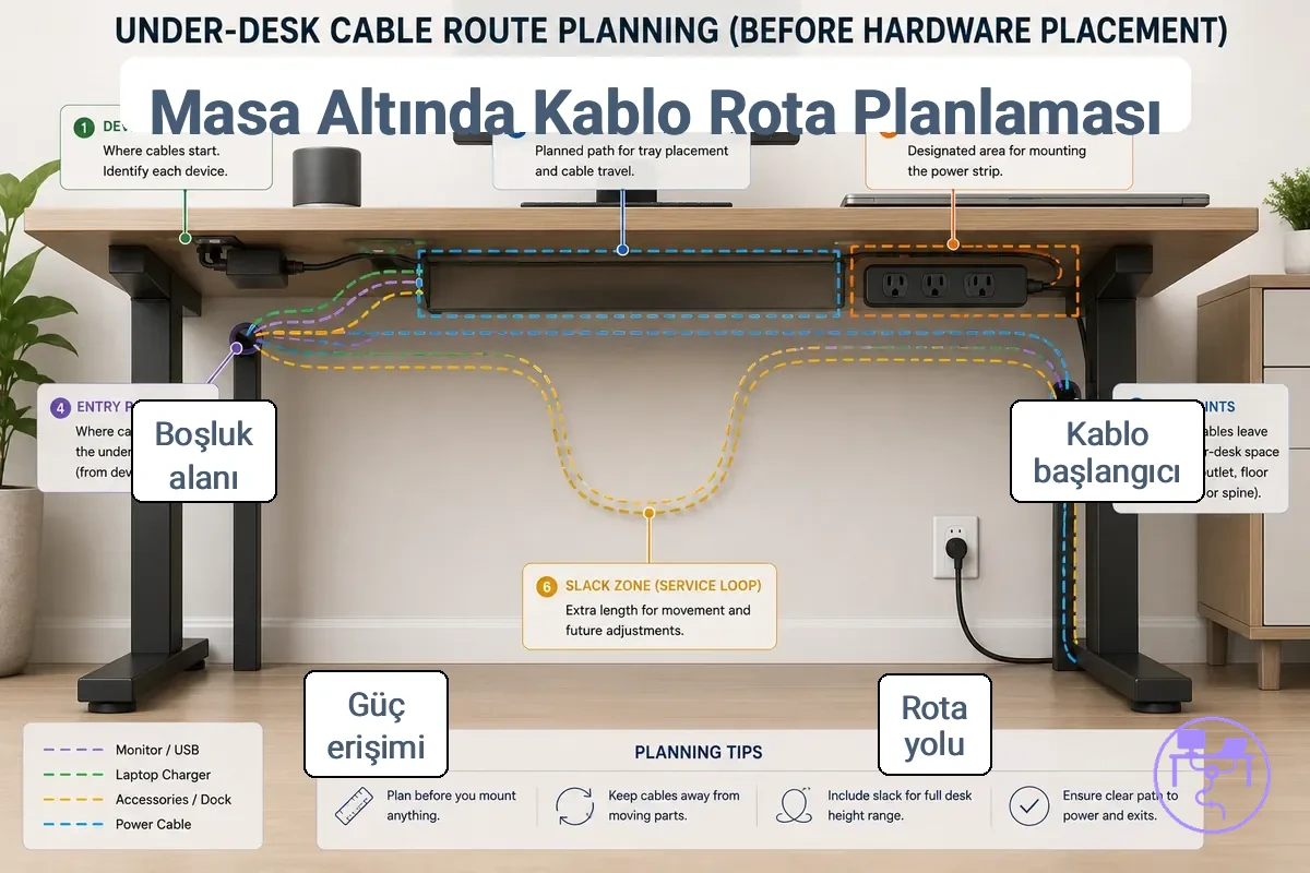 Kablo başlangıç noktalarını, yol güzergahını, priz alanını, çıkış noktalarını ve gevşekliği gösteren masa altı kablo yolu planlaması