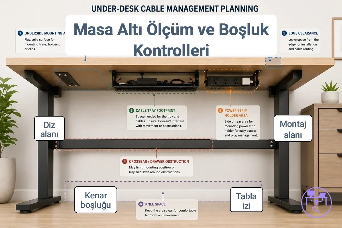 Montaj alanı, tepsi ayak izi, kenar boşluğu ve engelleri gösteren masa altı ölçümleri ve boşluk kontrolleri