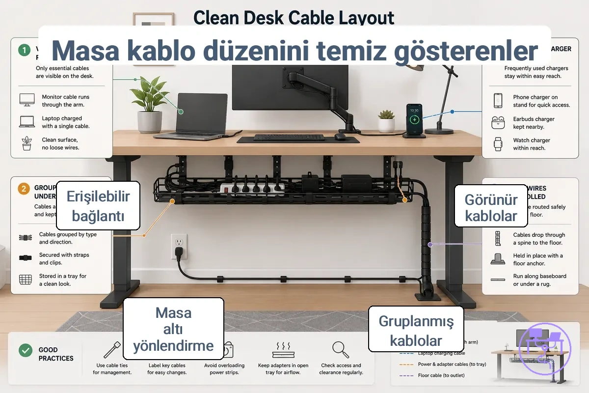 Düzenli kablolama ve erişilebilir bağlantılara sahip masa kablo düzeni