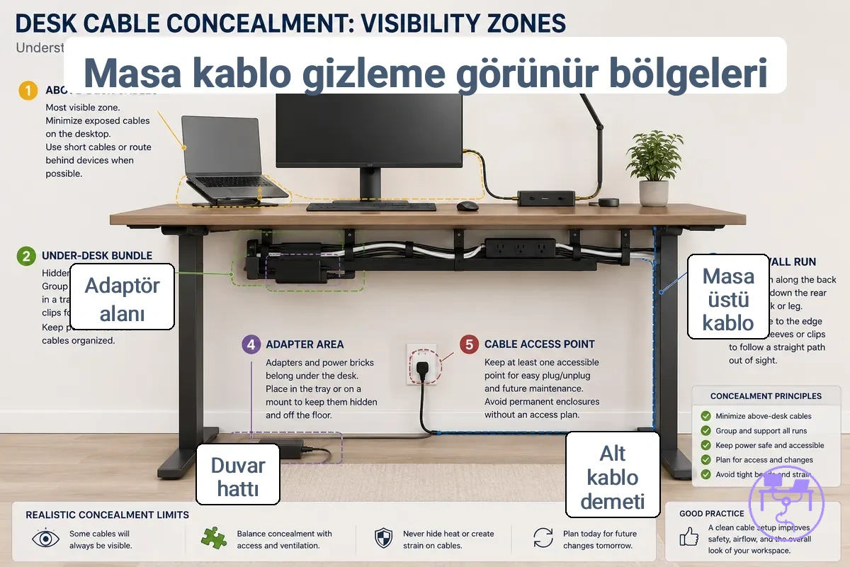 Masa kablo gizlemesi için işaretlenmiş görünürlük bölgeleri