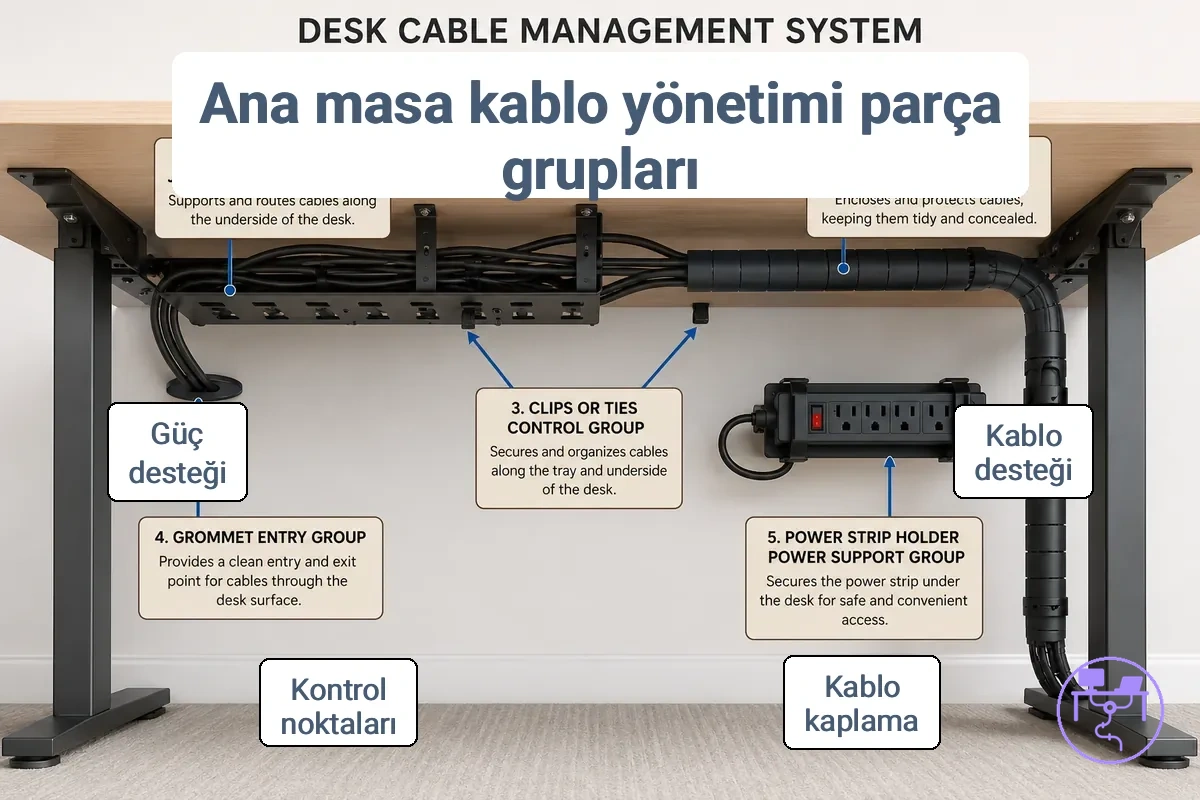 Tepsi, kanal, kılıf, klipsler, kablo geçiş borusu ve güç şeridi tutucu dahil ana masa kablo yönetim sistemi parça gruplarını gösteren diyagram
