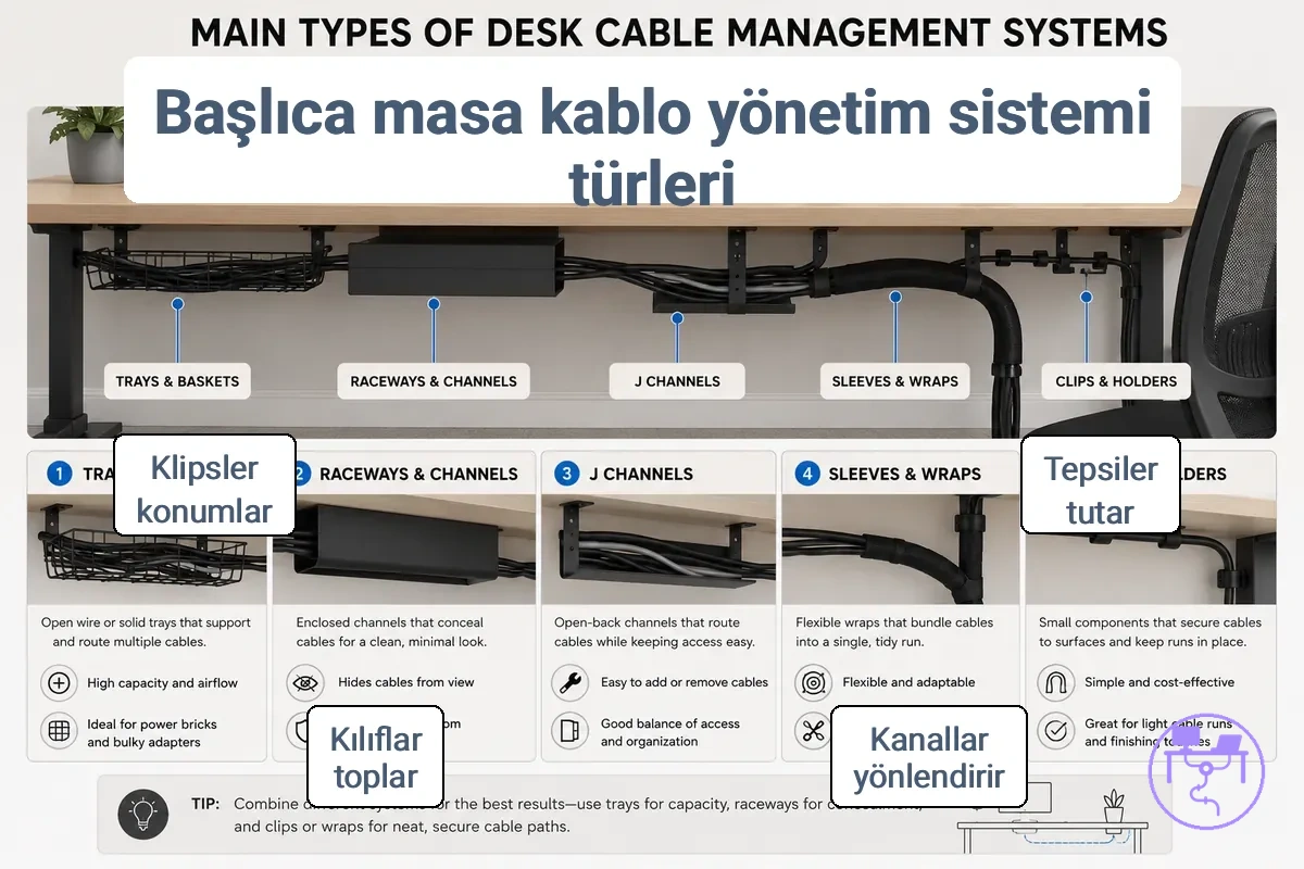 Masa kablo yönetim sistemi tür ailelerinin karşılaştırması
