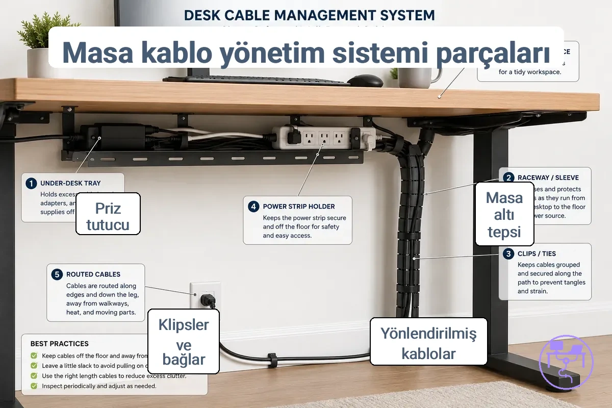 Bir iş istasyonu altındaki masa kablo yönetim sisteminin ana parçaları.