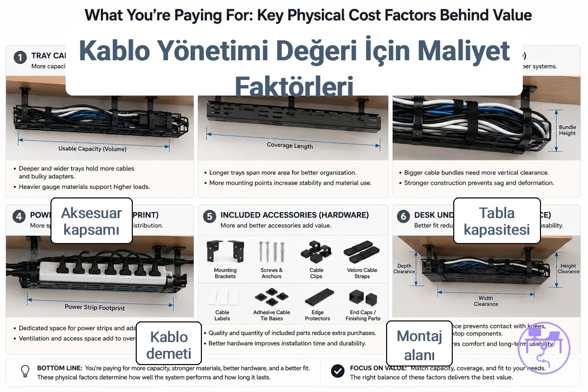 Masa kablo yönetim sistemi maliyet faktörleri kablo yükü, montaj yöntemi, tepsi kapasitesi ve aksesuar kapsamı ile etiketlenmiştir