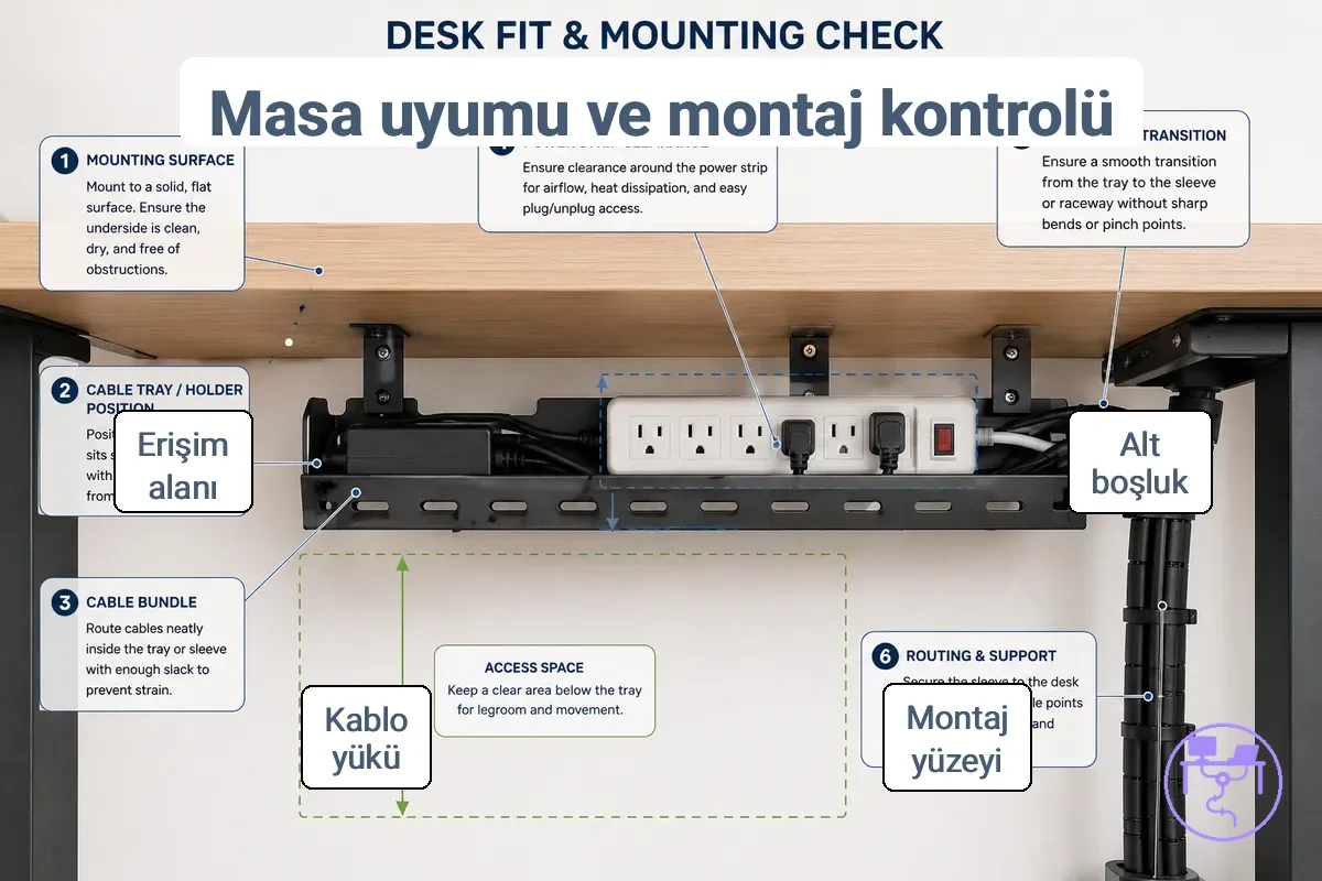 Bir iş istasyonu altına kablo yönetim sistemi monte etmek için masa uyum kontrolü.