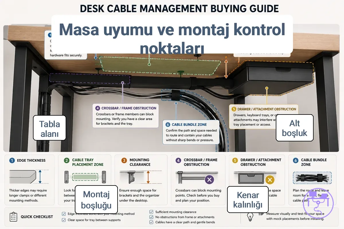 Masa uyumu ve montaj koşulları diyagramı: alt boşluk, kenar kalınlığı ve kablo tepsisi yerleşimi.
