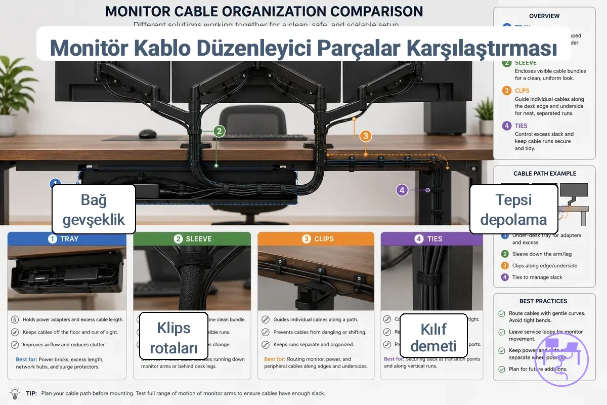 Gruplandırılmış kablolar, görünür demet kontrolü ve ayrı kablo hatları ile monitör kablo yönetimi için kullanılan tepsiler, kılıflar, klipsler ve bağlar