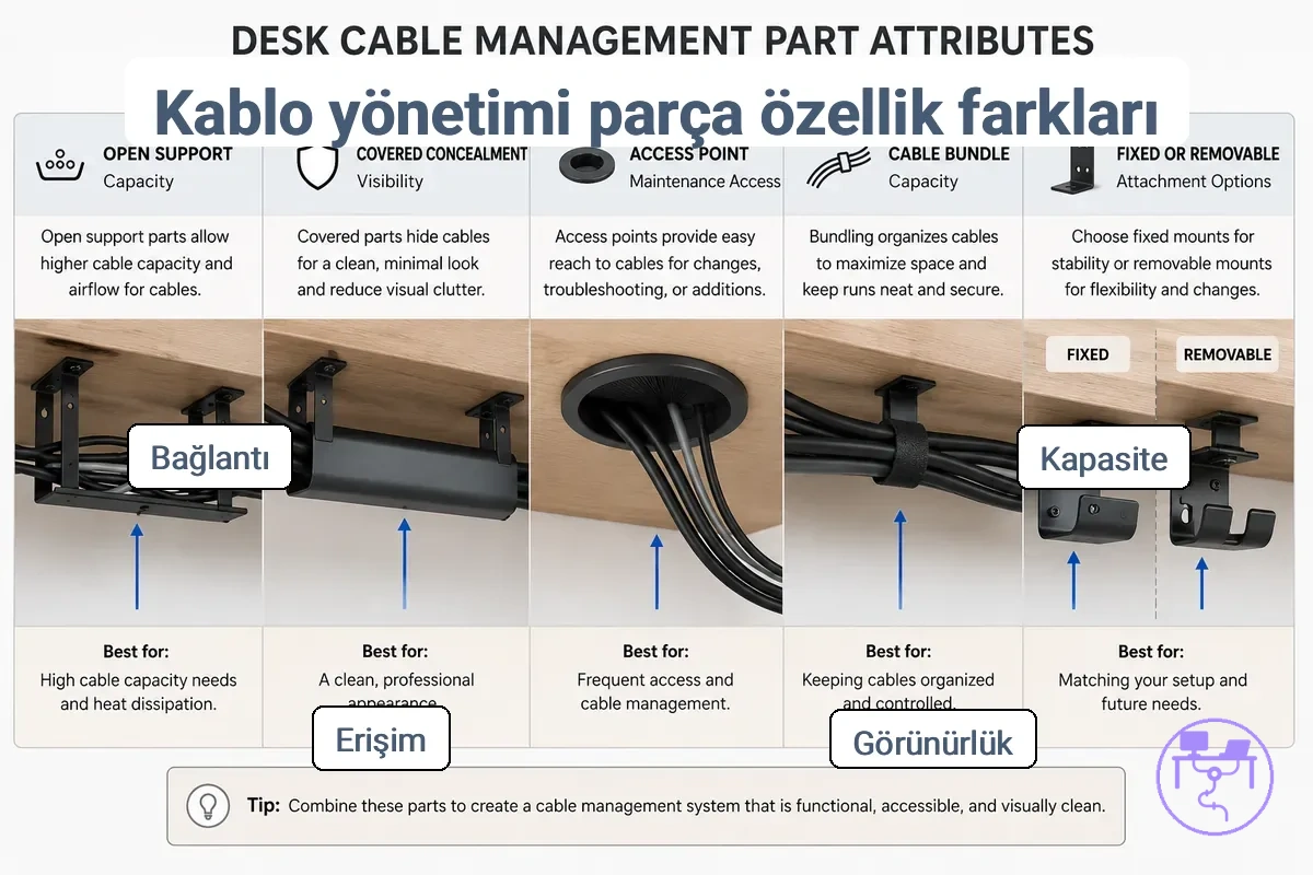 Kapasite, görünürlük, erişim ve bağlantı için masa kablo yönetim parçası niteliklerini gösteren karşılaştırma grafiği