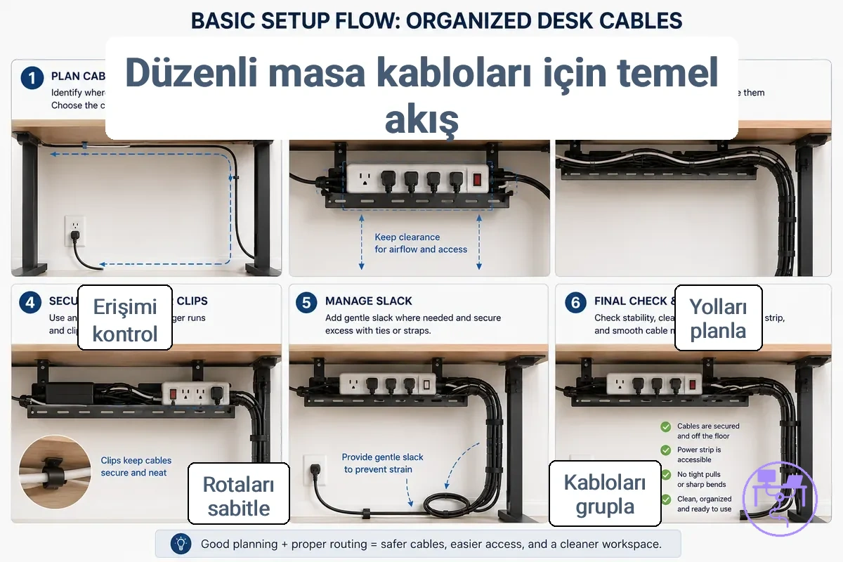 Bir iş istasyonu altında gruplandırılmış ve yönlendirilmiş masa kablolarını gösteren temel kurulum akışı.