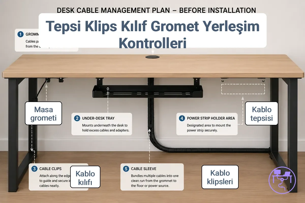 Masa etrafında ve altında konumlandırılmış kablo yönetimi parçalarını gösteren tepsi, klips, kılıf ve kablo geçiş halkası yerleşim kontrolleri