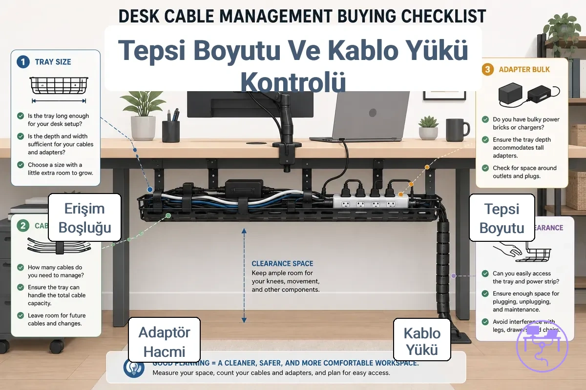 Kablolar ve adaptörler için masa altı tepsi kapasitesi değerlendirmesi