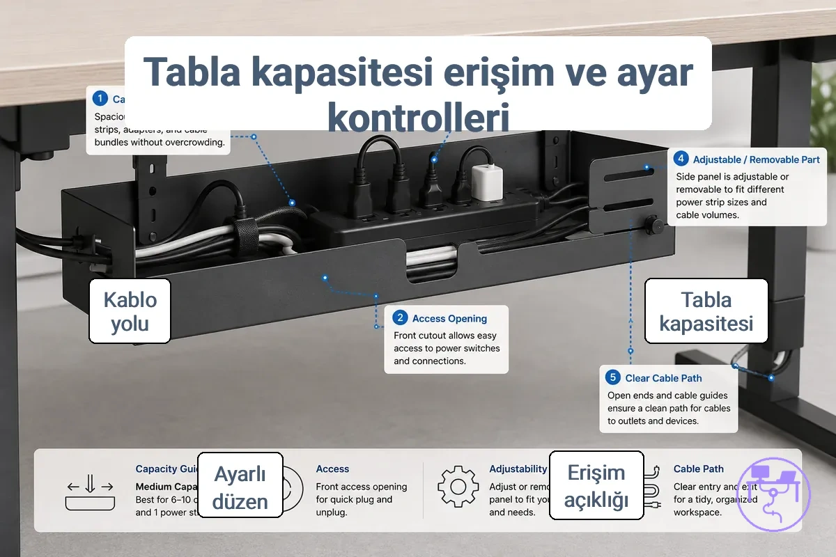 Masa altı tepsi: kablo kapasitesi, erişim açıklığı ve ayarlanabilir kablo yönetim alanı.