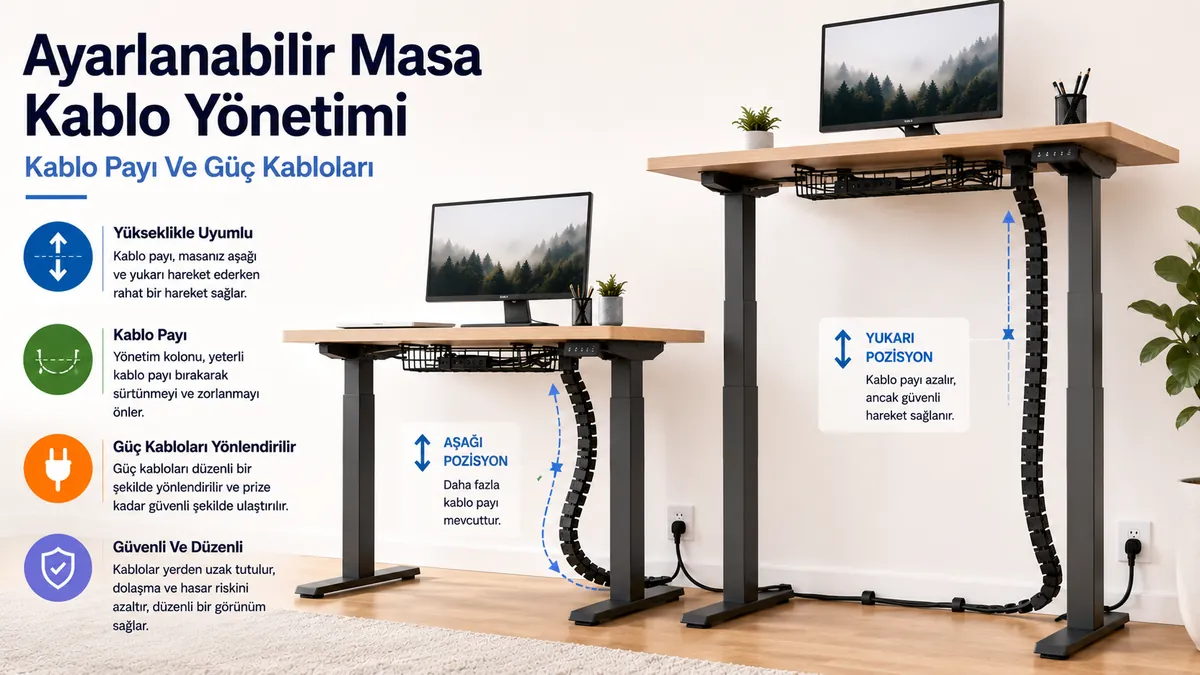 Yükseklik hareketi için kablo payı ve yönlendirilmiş güç kablolarıyla ayarlanabilir masa kablo yönetim sistemi