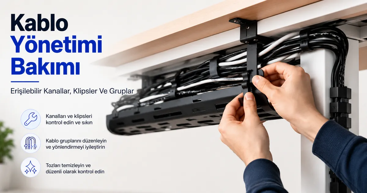 Erişilebilir kanallar, klipsler ve kablo gruplarıyla masa kablo yönetim sisteminde bakım ve ayarlama