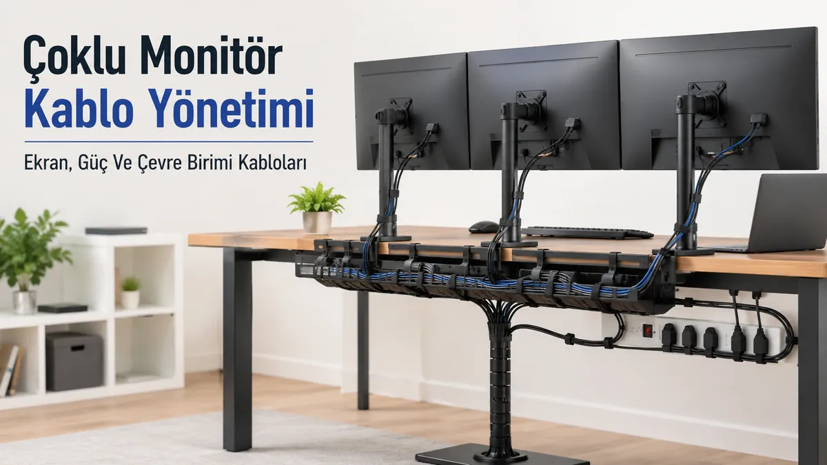 Ekran, güç ve çevre birimi kabloları gruplandırılmış birden fazla monitör için masa kablo yönetim sistemi