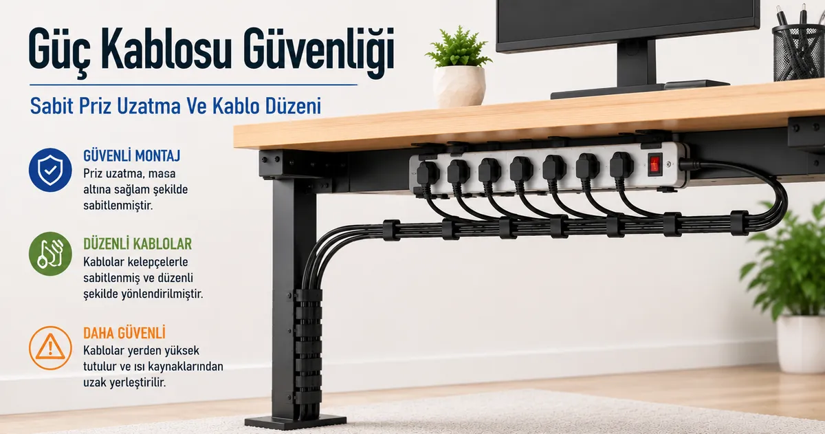 Masa altında sabitlenmiş priz uzatma ve güvenli yerleştirilmiş güç kabloları