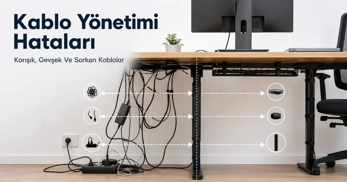 Masa altında düzeltilen karışmış, gevşek ve sarkan kablolarla masa kablo yönetimi sorunları