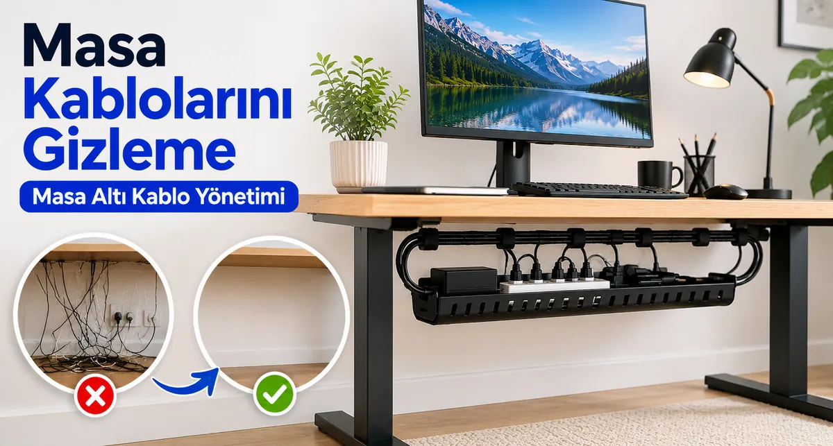 Temiz bir çalışma alanı için masa altı kablo yönetim sistemiyle gizlenmiş masa kabloları