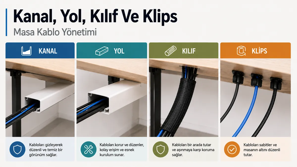 Masa kablo yönetimi için kablo kanalı, kablo yolu, kablo kılıfı ve kablo klipsi karşılaştırması
