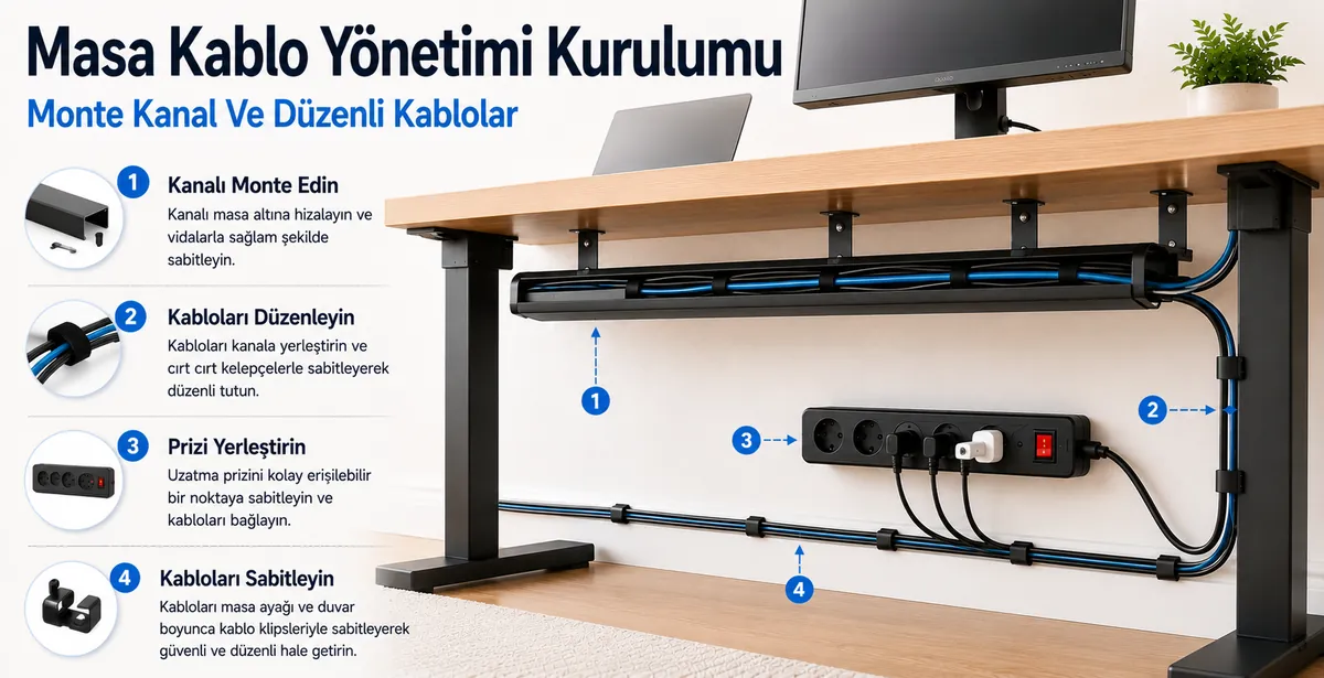 Masa altında monte edilmiş kanal ve düzenlenmiş kablolarla masa kablo yönetim sistemi kurulumu