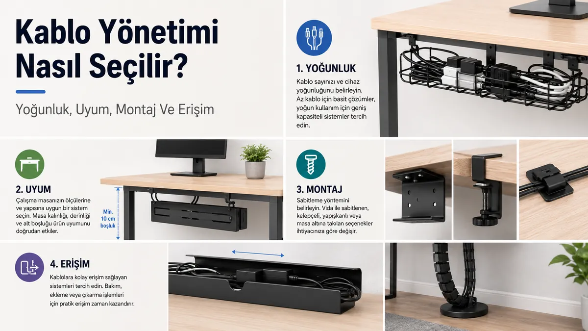 Kablo yoğunluğu, masa uyumu, montaj türü ve kablo erişimine göre masa kablo yönetim sistemi seçimi
