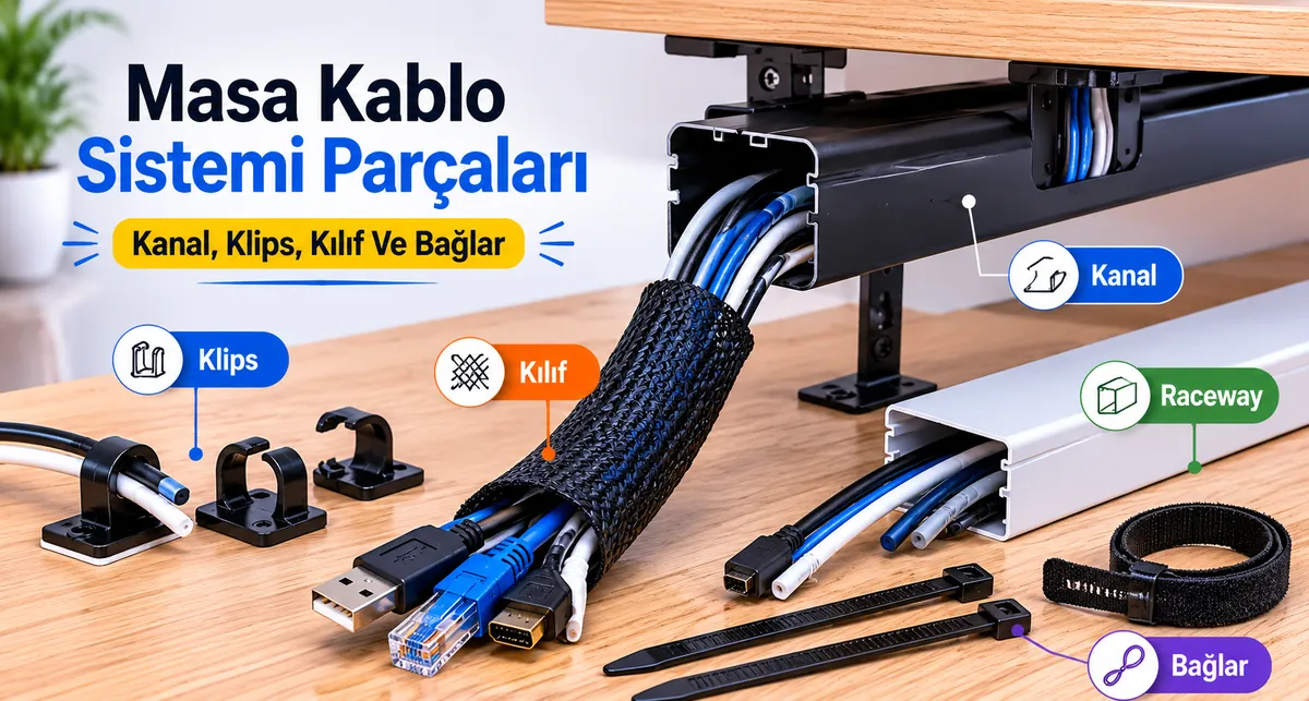 Kablo kanalı, klips, kılıf, kablo yolu ve kablo bağları dahil masa kablo yönetim sistemi parçaları