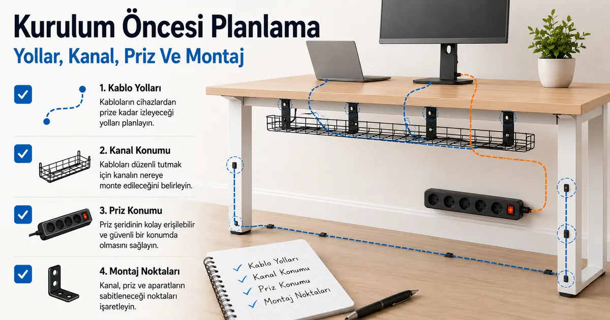 Kablo yolları, kanal konumu, priz uzatma yeri ve montaj noktalarıyla masa kablo yönetim sistemi planlama listesi
