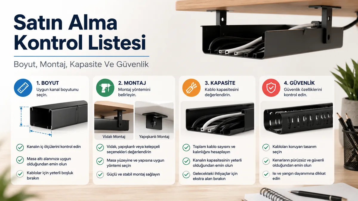 Kanal boyutu, montaj yöntemi, kablo kapasitesi ve güvenlik kontrolleriyle masa kablo yönetim sistemi satın alma listesi