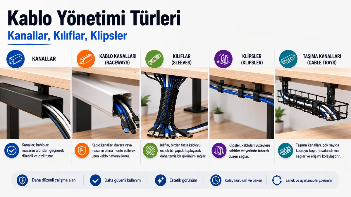 Kablo kanalları, kablo yolları, kılıflar, klipsler ve taşıma kanallarıyla farklı masa kablo yönetim sistemi türleri